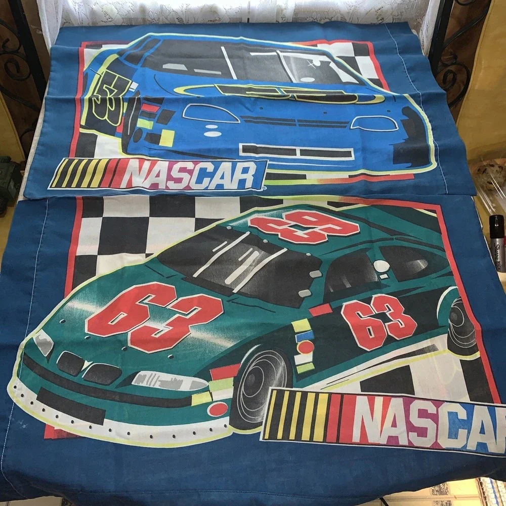Set of‎ 2 Vintage NASCAR 53 63 Race Cars Novelty Pillow Cases {Fabric} Pair